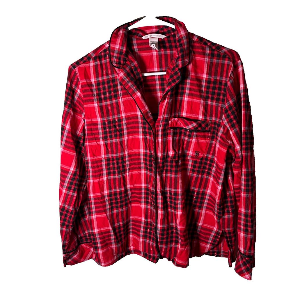 Victoria's Secret Pajama Top Women's XS Red Plaid Button Up Sleep Metallic